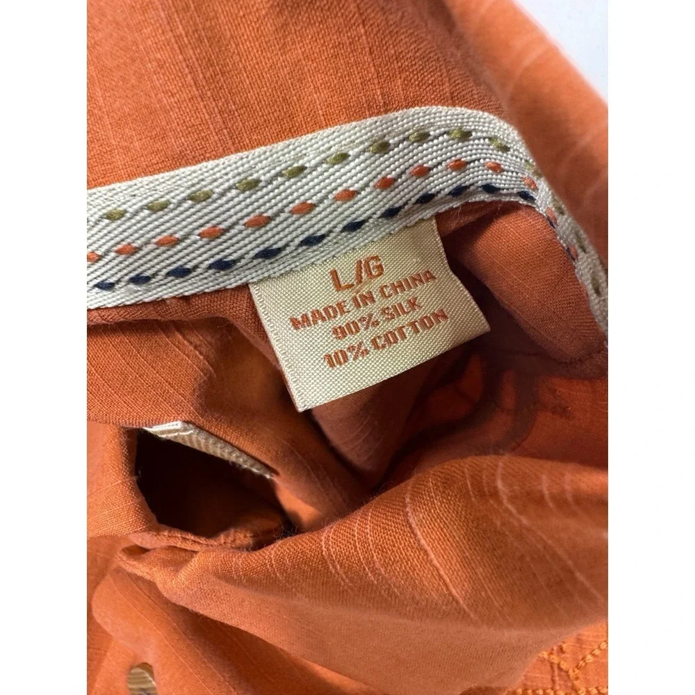 Tommy Bahama Mens Large Silk Cotton Orange Floral Embroidered Guayabera Shirt